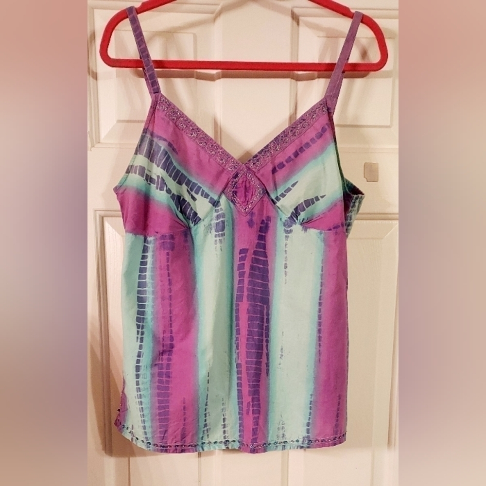 CATO Women's Tie-dye With Seed Bead Embellishments Tank Top Size L